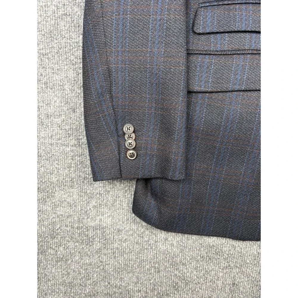 Johnston & Murphy Sport Coat Mens L Gray Blue Plaid 100% Wool Blazer Jacket